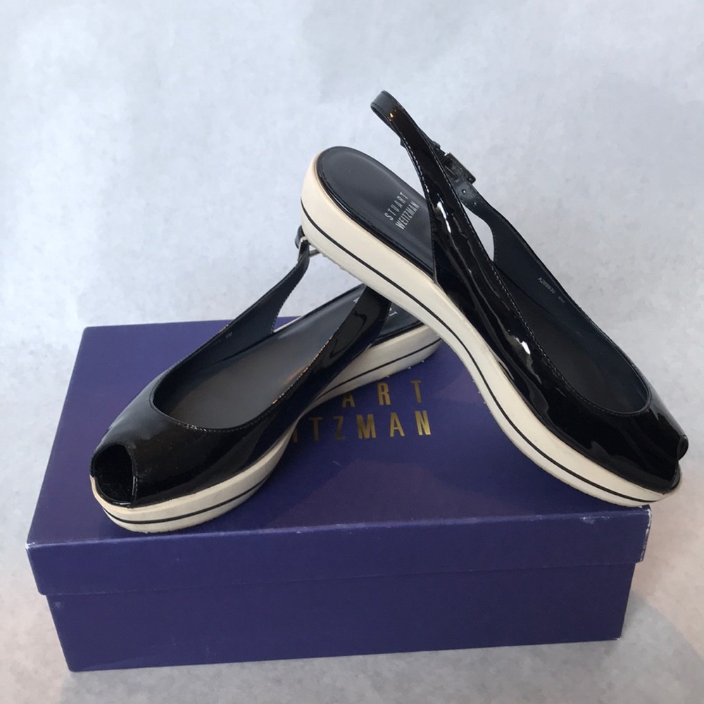 Stuart Weitzman patent open toe sling back shoes